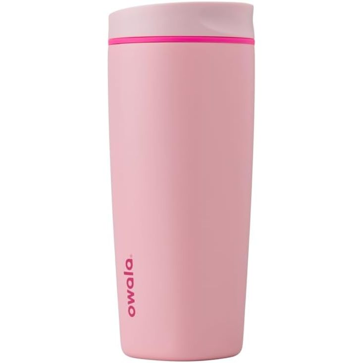 Owala SmoothSip Slider Isolierter Edelstahl-Kaffeebecher, wiederverwendbarer Eiskaffeebecher, Heißkaffee-Reisebecher, BPA-frei 590 ml, Lila/Pink (Crochet Queen)