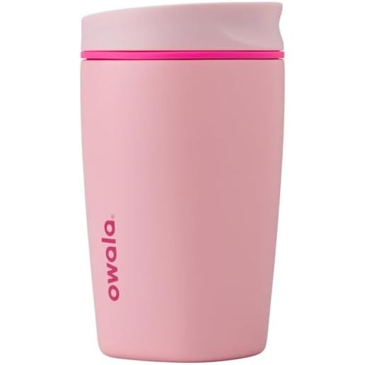 Owala SmoothSip Slider Isolierter Edelstahl-Kaffeebecher, wiederverwendbarer Eiskaffeebecher, Heißkaffee-Reisebecher, BPA-frei 590 ml, Lila/Pink (Crochet Queen)