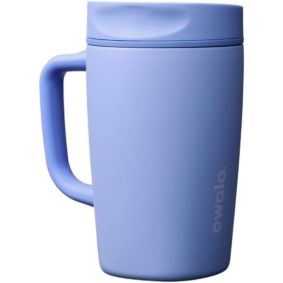 Owala SmoothSip Slider Isolierter Edelstahl-Kaffeebecher, wiederverwendbarer Eiskaffeebecher, Heißkaffee-Reisebecher, BPA-frei 590 ml, Lila/Pink (Crochet Queen)