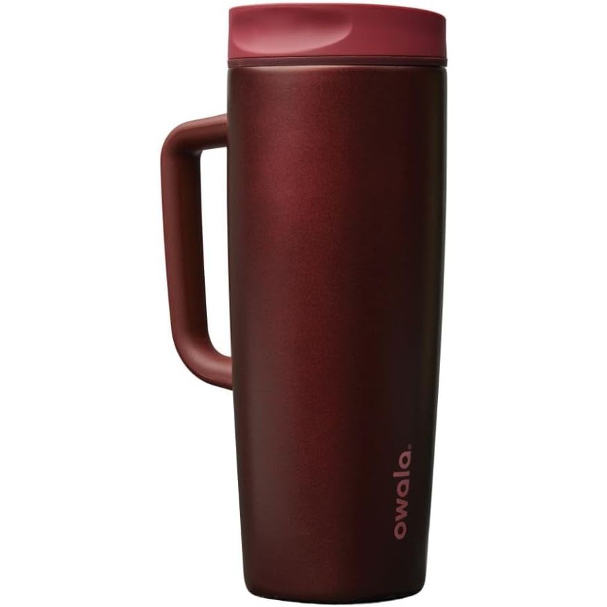 Owala SmoothSip Slider Isolierter Edelstahl-Kaffeebecher, wiederverwendbarer Eiskaffeebecher, Heißkaffee-Reisebecher, BPA-frei 590 ml, Lila/Pink (Crochet Queen)