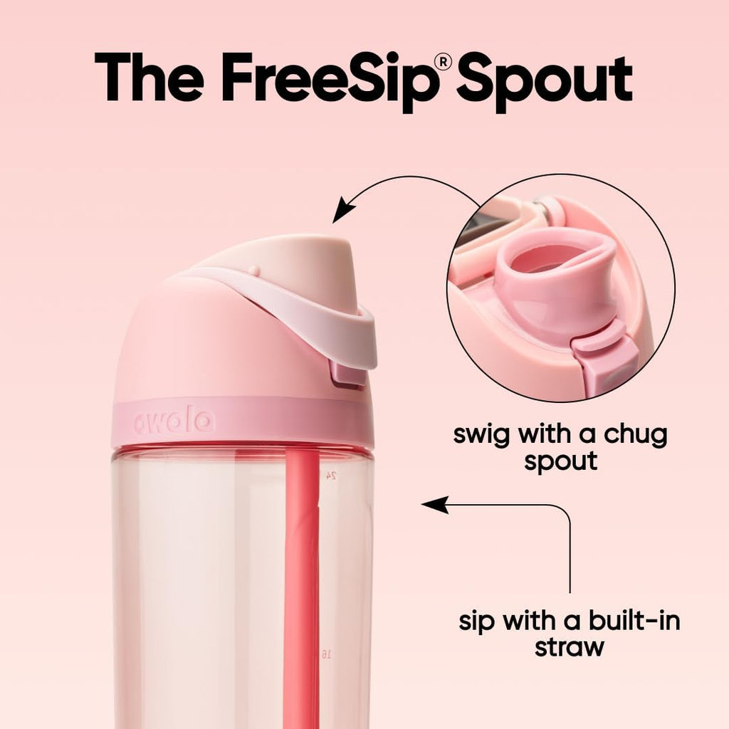 Owala FreeSip Clear Tritan Kunststoff-Trinkflasche mit Strohhalm, BPA-freie Sport-Wasserflasche, ideal für Reisen, 740 ml, Rosenquarz