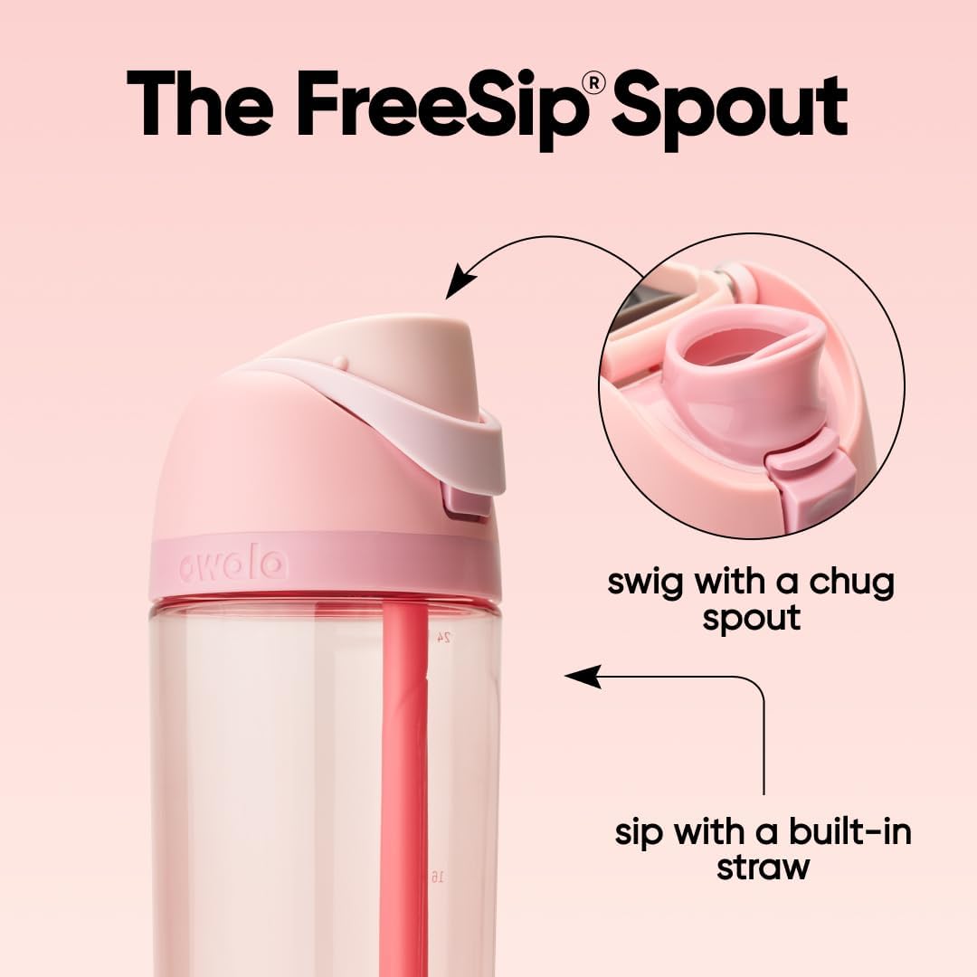 Owala FreeSip Clear Tritan Kunststoff-Trinkflasche mit Strohhalm, BPA-freie Sport-Wasserflasche, ideal für Reisen, 740 ml, Rosenquarz