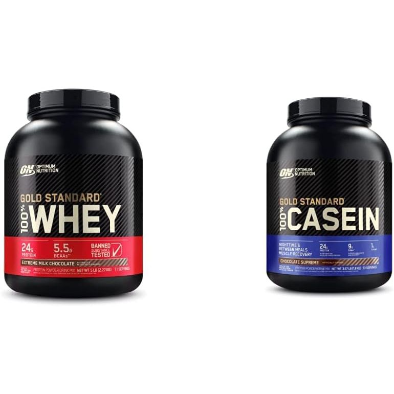 Optimum Nutrition Gold Standard 100% Micellar Casein Protein Powder & Gold Standard 100% Whey Protein Powder, Extreme Milk Chocolate, 5 Pound (Packaging May Vary)