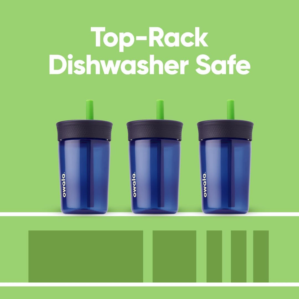Owala Kids BPA-freier Kunststoffbecher mit auslaufsicherem, flexiblem Strohhalm, leicht zu reinigen, Kinder-Trinkflasche, ideal für Reisen, spülmaschinenfest, 444 ml, Marineblau und Blau (Home Base)