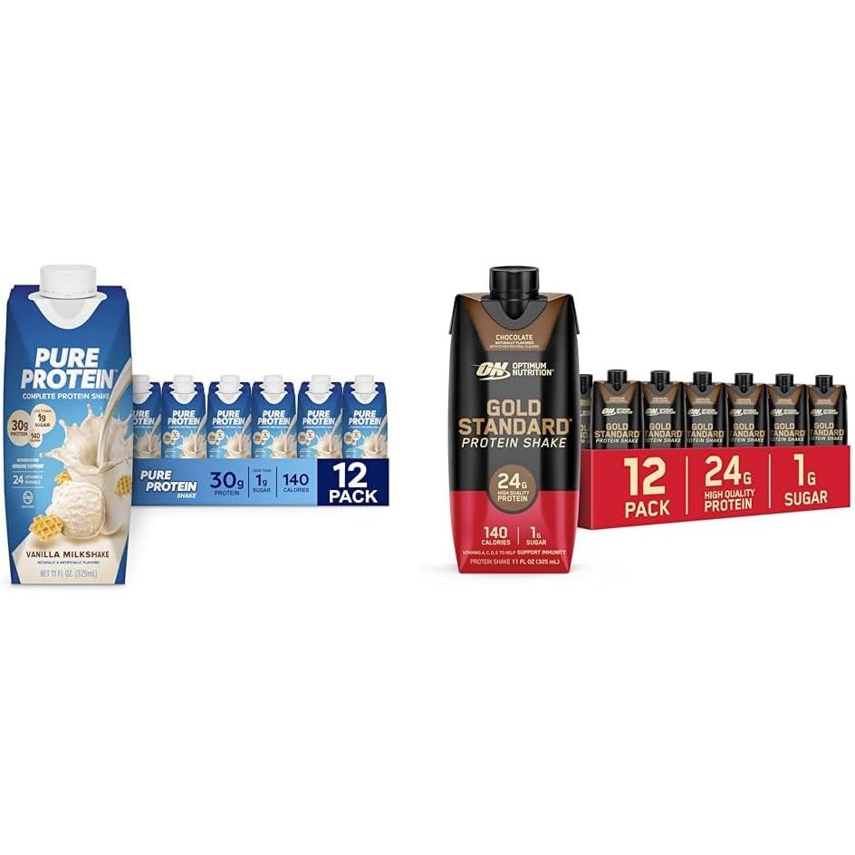 Pure Protein Vanilla Protein Shake, 30g Complete Protein, Vitamins A, C, D, and E plus Zinc & Optimum Nutrition Gold Standard Protein Shake, 24g Protein, Ready to Drink Protein Shake