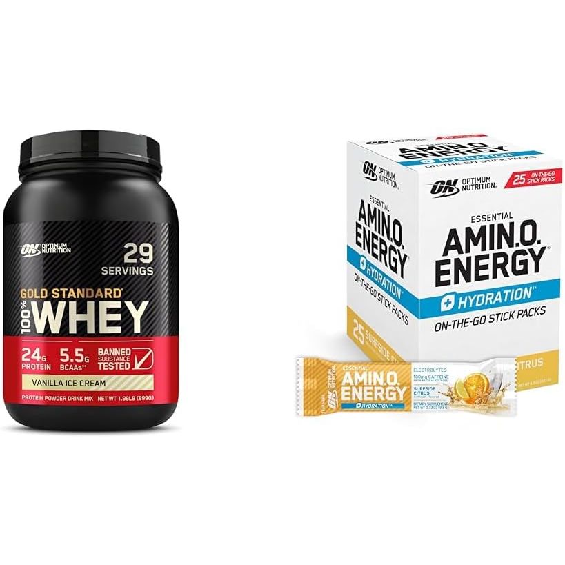 Optimum Nutrition Workout Bundle with Gold Standard 100% Whey Protein Powder, Vanilla Ice Cream (29 Servings) and Amino Energy + Hydration Stick Packs, Surfside Citrus (25 Servings)