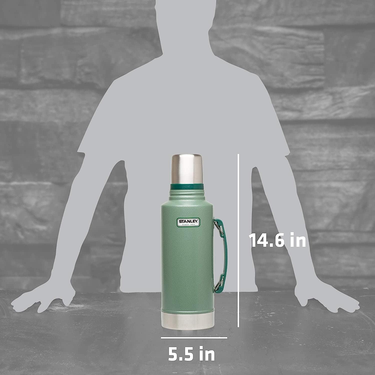Stanley Heritage Classic Isolierflasche mit Griff 1,9 L | Weithals mit auslaufsicherem Becherdeckel | Hält Getränke heiß oder kalt für unterwegs | Isolierte Thermosflasche aus Edelstahl | Hammertone Grün