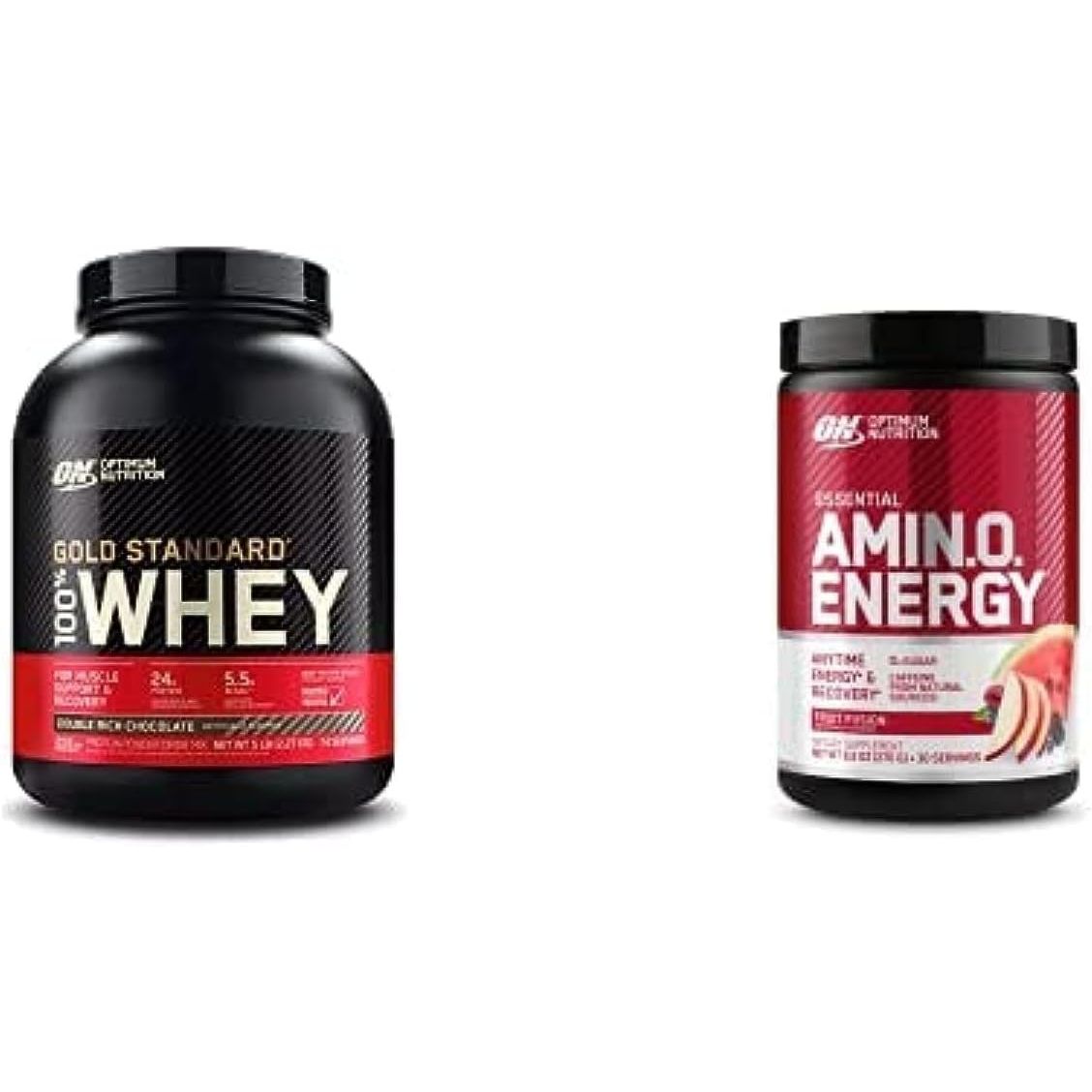 ON Gold Standard 100% Whey Protein Primary Source Isolate - Double Rich Chocolate 74 Servings + ON Amino Energy - BCAA, Amino Acids, Keto Friendly, Green Coffee Extract- Fruit Fusion, 30 Servings