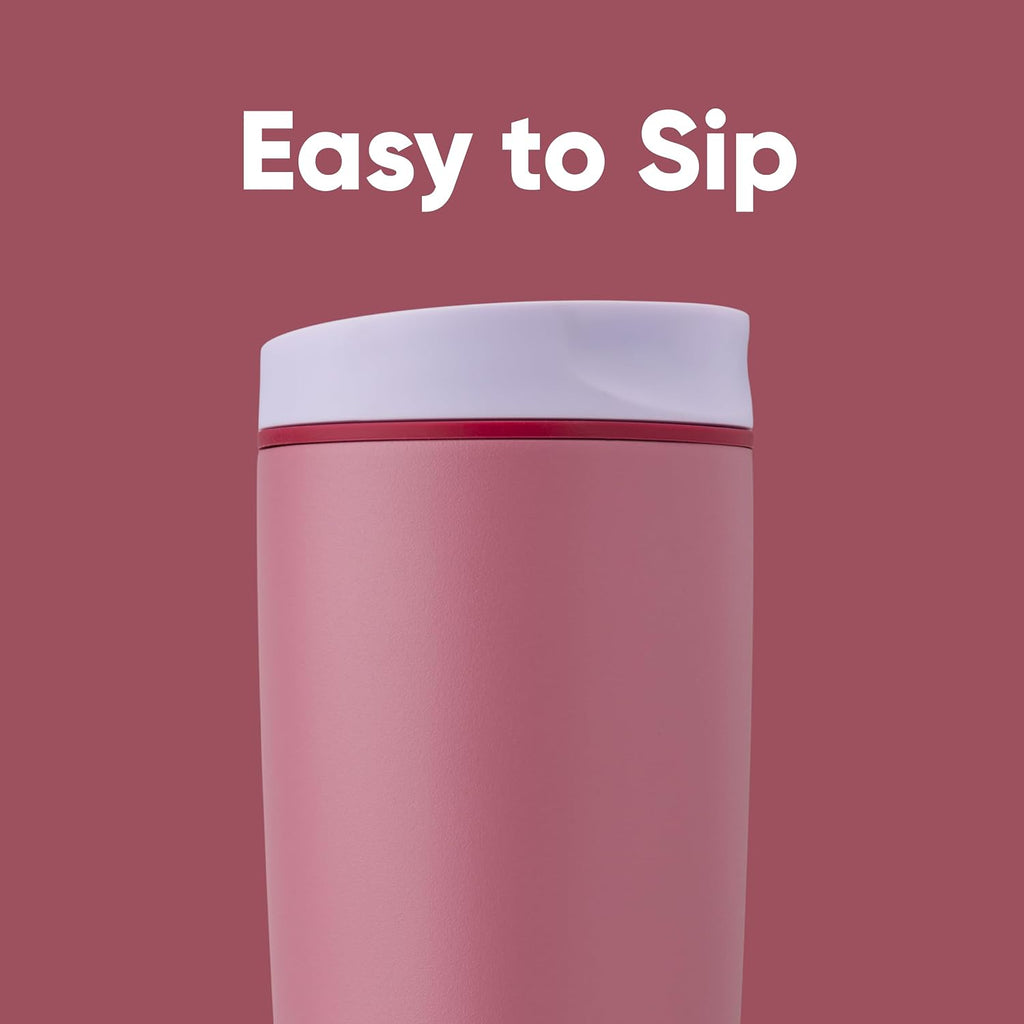Owala SmoothSip Slider Isolierter Edelstahl-Kaffeebecher, wiederverwendbarer Eiskaffeebecher, Heißkaffee-Reisebecher, BPA-frei 590 ml, Lila/Pink (Crochet Queen)