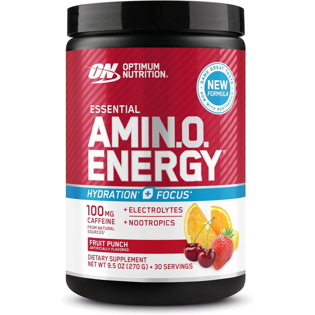 Optimum Nutrition Amino Energy Powder Plus Focus, with BCAA, Electrolytes, and Caffeine, Juicy Strawberry, 30 Servings (Packaging May Vary)