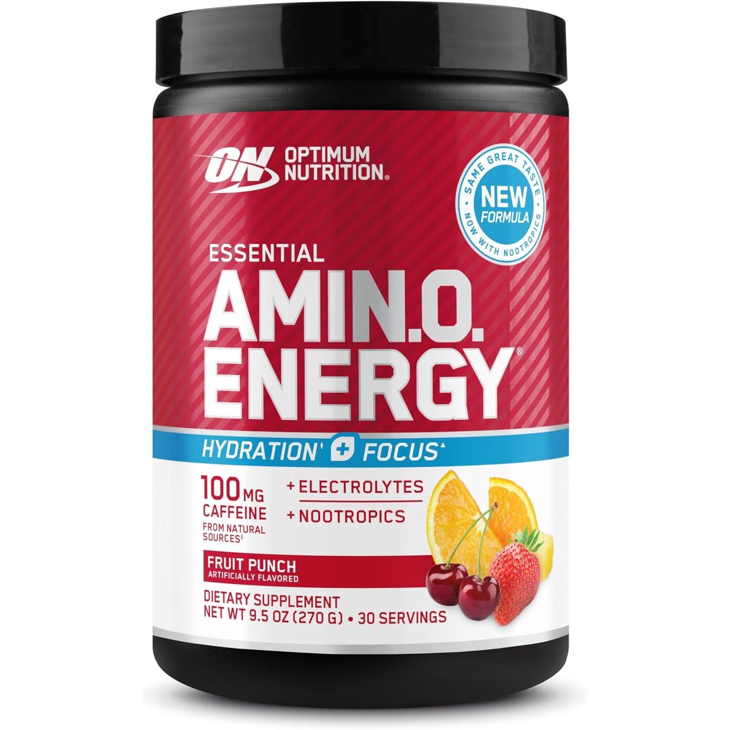 Optimum Nutrition Amino Energy Powder Plus Focus, with BCAA, Electrolytes, and Caffeine, Juicy Strawberry, 30 Servings (Packaging May Vary)