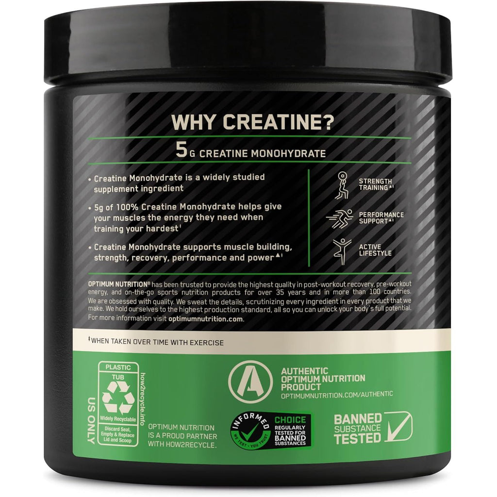 Optimum Nutrition Creatine, Micronized Creatine Monohydrate Powder, Supports Strength & Recovery, Banned Substance Tested, Unflavored, 5g per Serving, 60 Servings