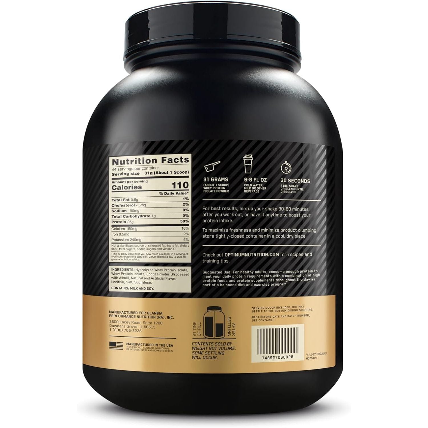 Optimum Nutrition Gold Standard 100% Isolate, Protein Powder, Chocolate Bliss, 3 Pounds, 44 Servings. Whey Protein Isolate (Packaging May Vary) (Pack of 4)