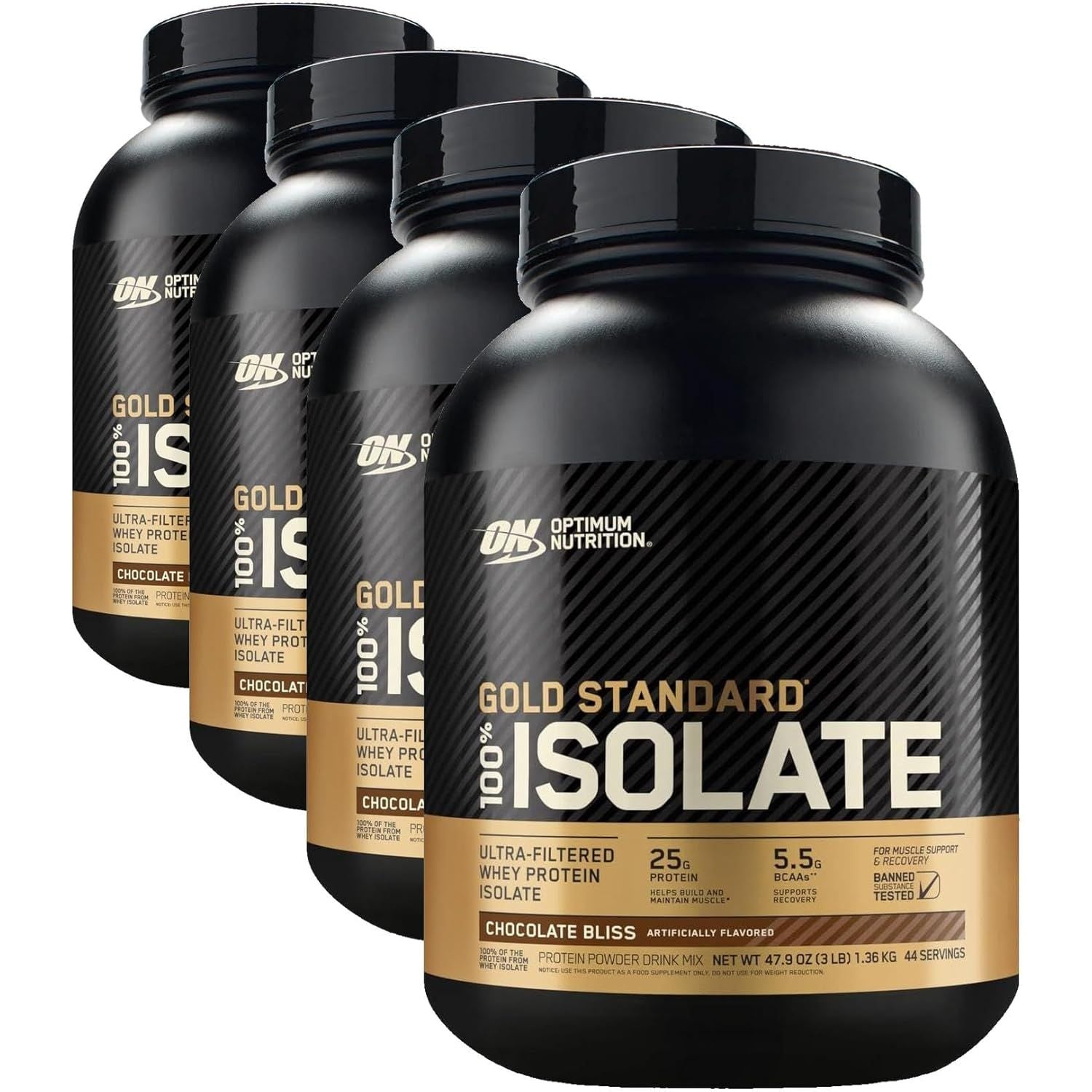 Optimum Nutrition Gold Standard 100% Isolate, Protein Powder, Chocolate Bliss, 3 Pounds, 44 Servings. Whey Protein Isolate (Packaging May Vary) (Pack of 4)