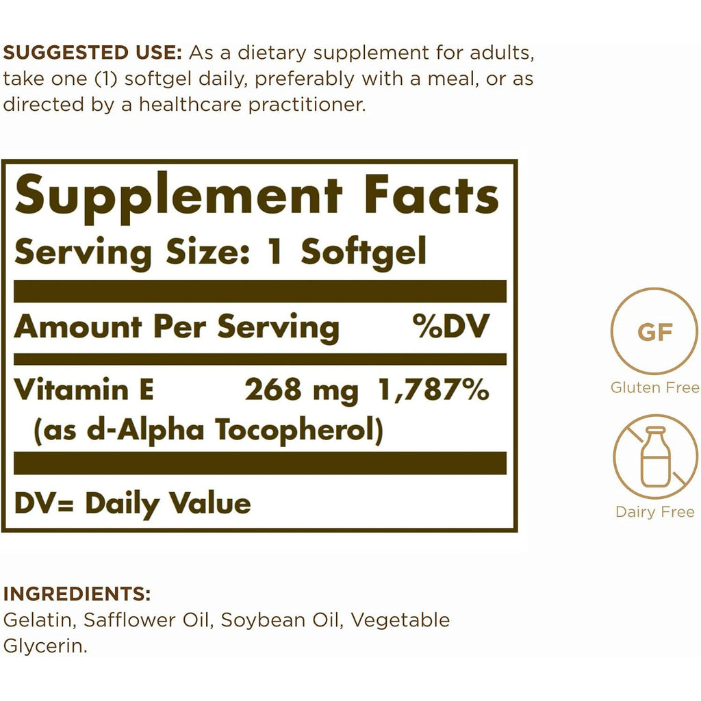 Solgar Vitamin E 268 mg (400 IU) - 100 Softgels - Naturally-Sourced Vitamin E as d-Alpha Tocopherol - Gluten Free, Dairy Free - 100 Servings