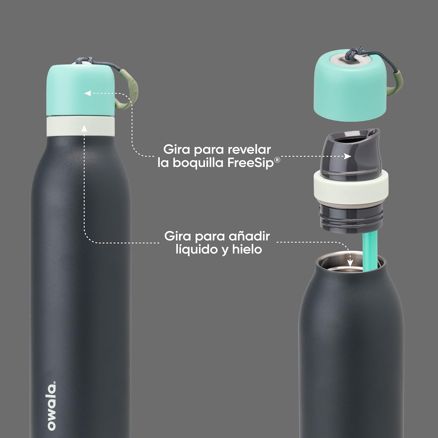 Owala FreeSip Twist Isolierte Edelstahl-Trinkflasche mit Strohhalm für Sport und Reisen, BPA-frei, 710 ml, Blau/Grau (Foggy Tide)