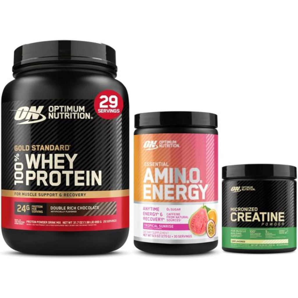 Optimum Nutrition Performance Nutrition Bundle: Amino Energy Plus Hydration Watermelon Smash (30 Serv), Creatine Monohydrate Blueberry Lemonade (60 Serv), & Gold Standard Whey Fruity Cereal (29 Serv)