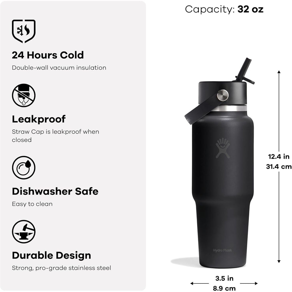 Hydro Flask Reise-Trinkflasche - Isolierter Edelstahl - Breiter Strohhalmdeckel, auslaufsicher, tropffrei in 32 Oz Tonal White