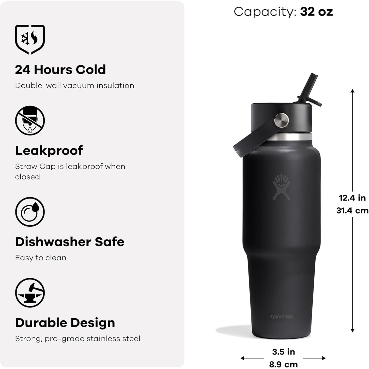 Hydro Flask Reise-Trinkflasche - Isolierter Edelstahl - Breiter Strohhalmdeckel, auslaufsicher, tropffrei in 32 Oz Tonal White