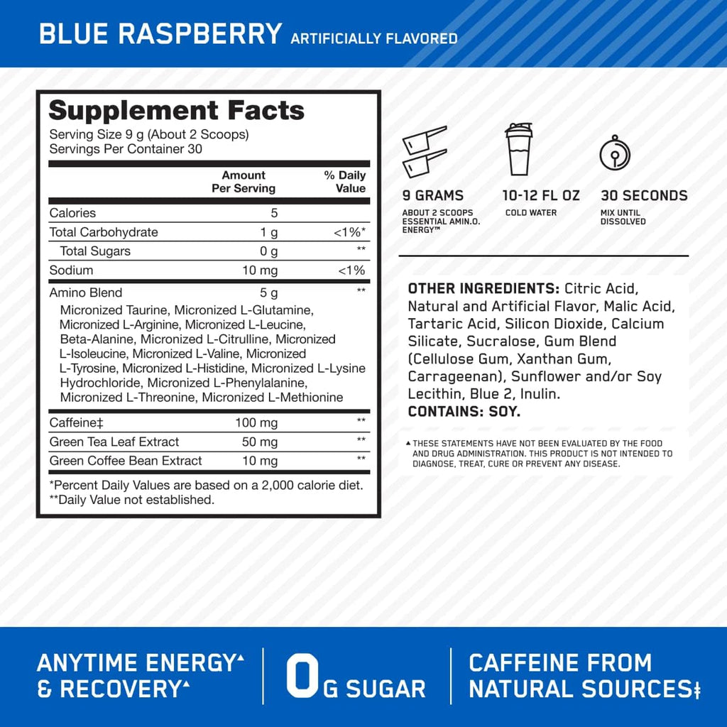 Optimum Nutrition Amino Energy - Pre Workout with Green Tea, BCAA, Amino Acids & Micronized Creatine Monohydrate Powder, Unflavored, Keto Friendly, 60 Serving