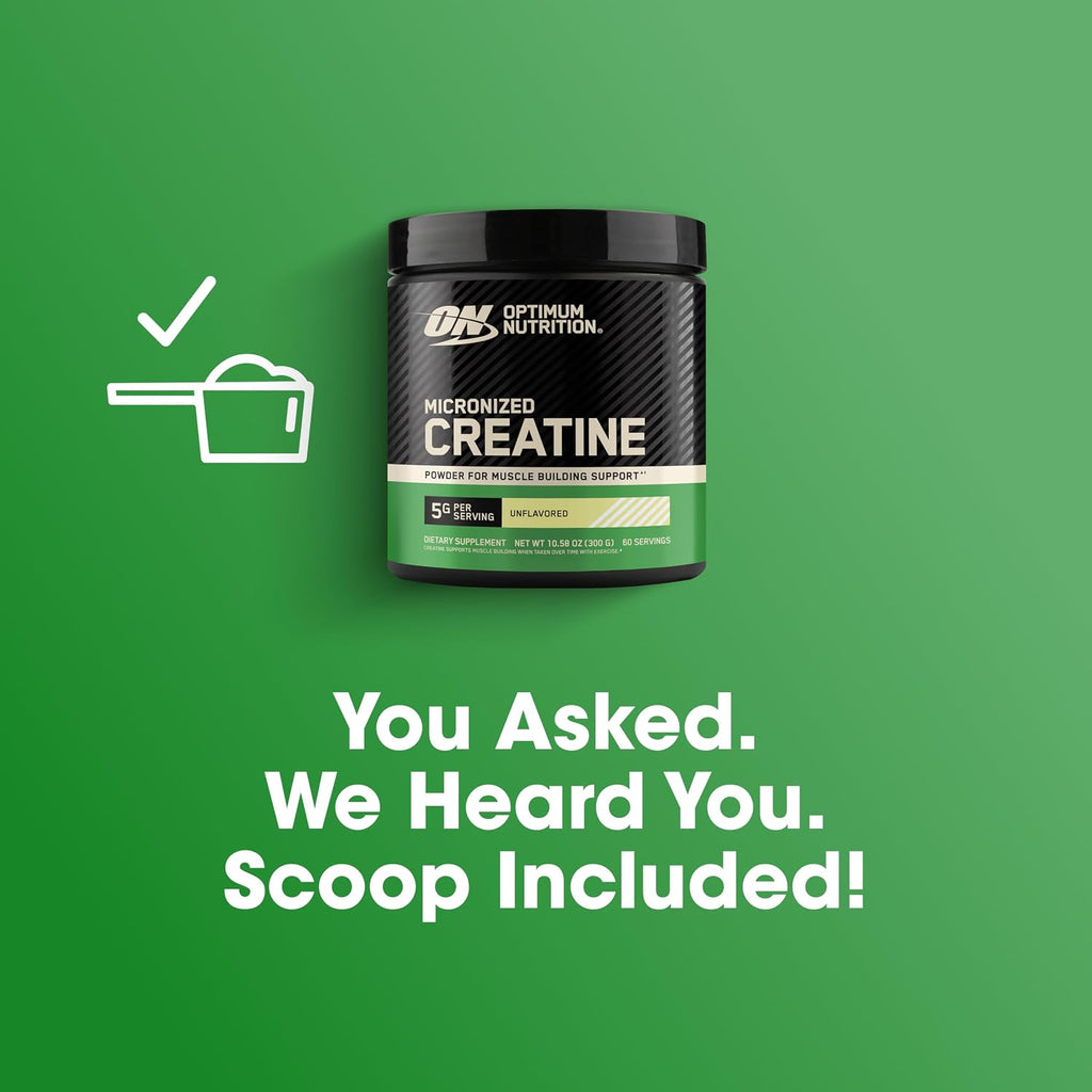 Optimum Nutrition Creatine, Micronized Creatine Monohydrate Powder, Supports Strength & Recovery, Banned Substance Tested, Unflavored, 5g per Serving, 60 Servings