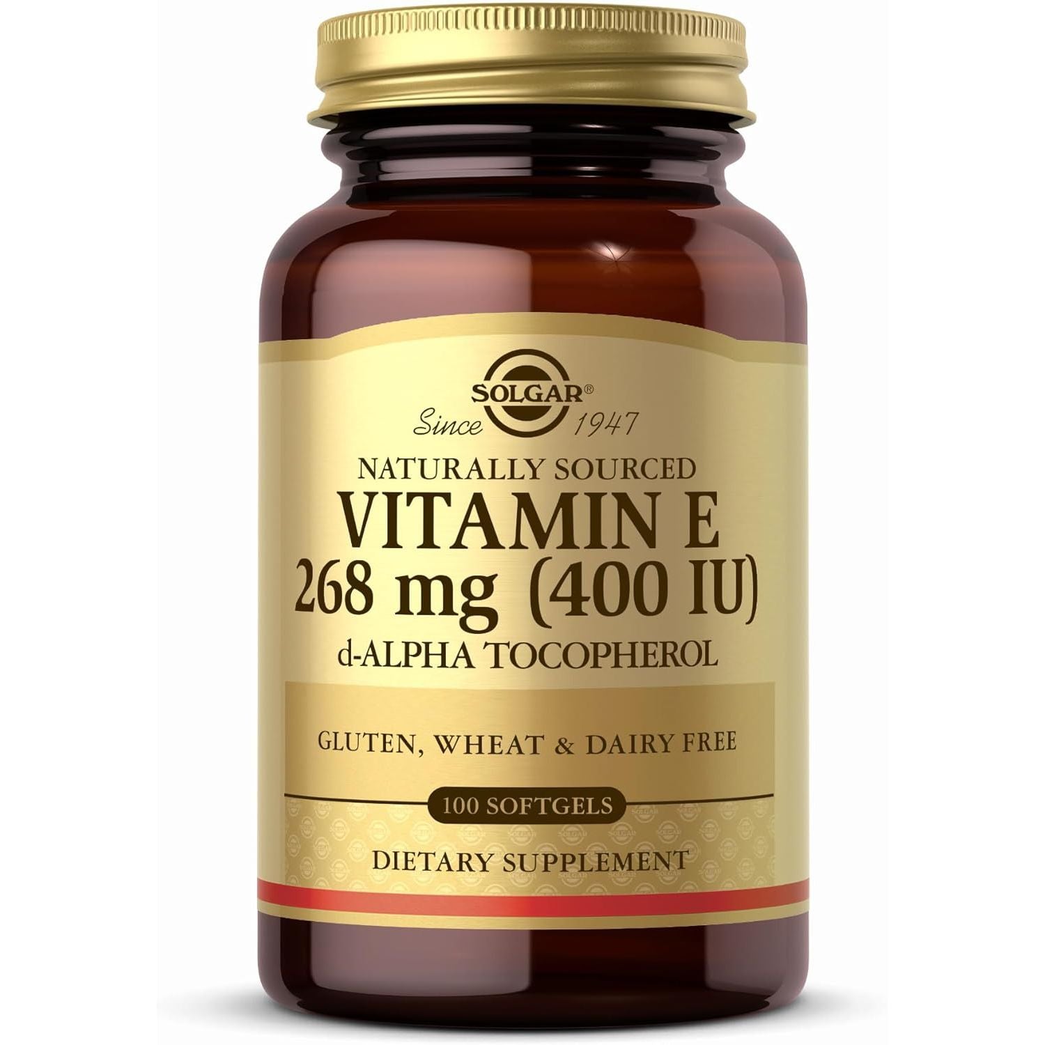 Solgar Vitamin E 268 mg (400 IU) - 100 Softgels - Naturally-Sourced Vitamin E as d-Alpha Tocopherol - Gluten Free, Dairy Free - 100 Servings
