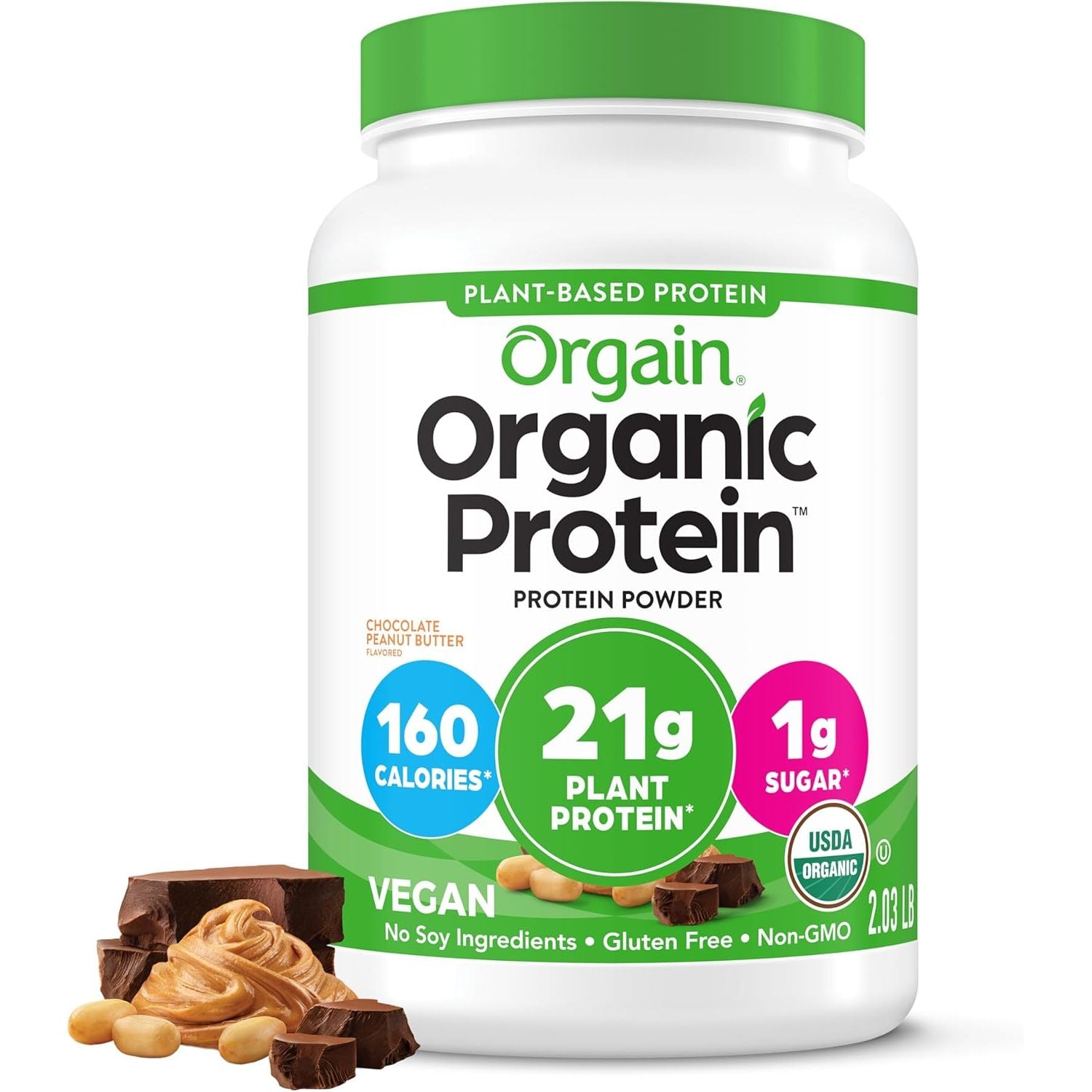 Orgain Organic Vegan Protein Powder, Creamy Chocolate Fudge - 21g Plant Protein, 6g Prebiotic Fiber, Low Net Carb, No Lactose Ingredients, No Added Sugar, Non-GMO, For Shakes & Smoothies, 2.03 lb