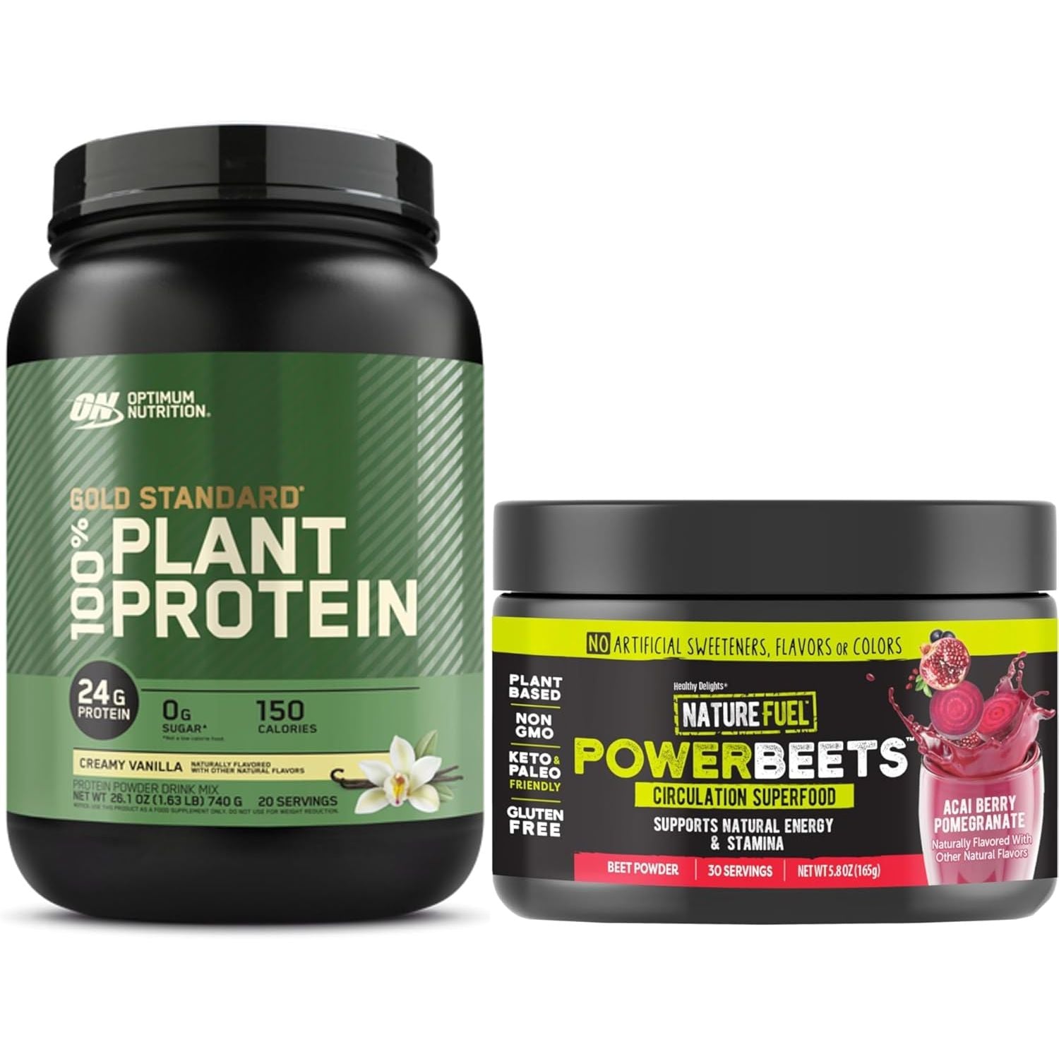 Optimum Nutrition Gold Standard 100% Plant Based Protein Powder, Creamy Vanilla, 20 Servings + Healthy Delights Nature Fuel Power Beets Powder, Acai Berry Pomegranate, 30 Servings (Packaging May Vary)
