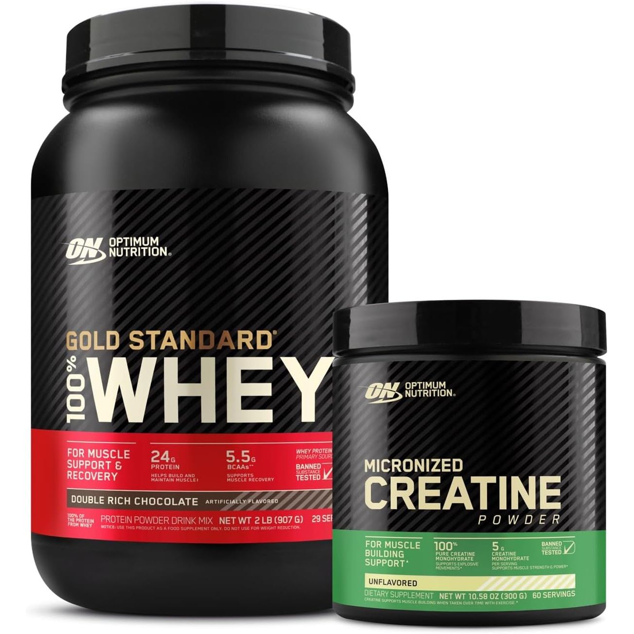 Optimum Nutrition ON Gold Standard 100% Whey Protein Primary Source Isolate - Double Rich Chocolate, 2 Lbs + ON Micronized Creatine Monohydrate Powder - Unflavored, 300 Grams