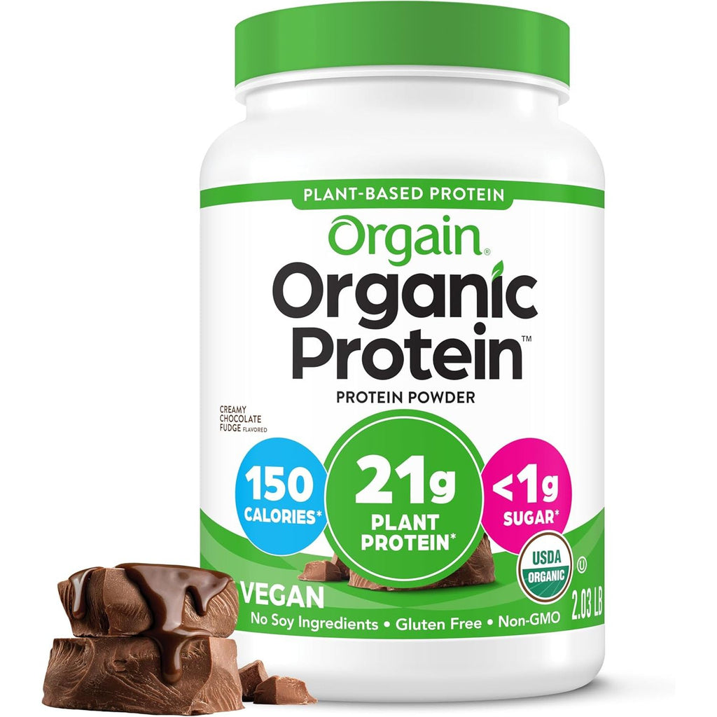 Orgain Organic Vegan Protein Powder, Creamy Chocolate Fudge - 21g Plant Protein, 6g Prebiotic Fiber, Low Net Carb, No Lactose Ingredients, No Added Sugar, Non-GMO, For Shakes & Smoothies, 2.03 lb