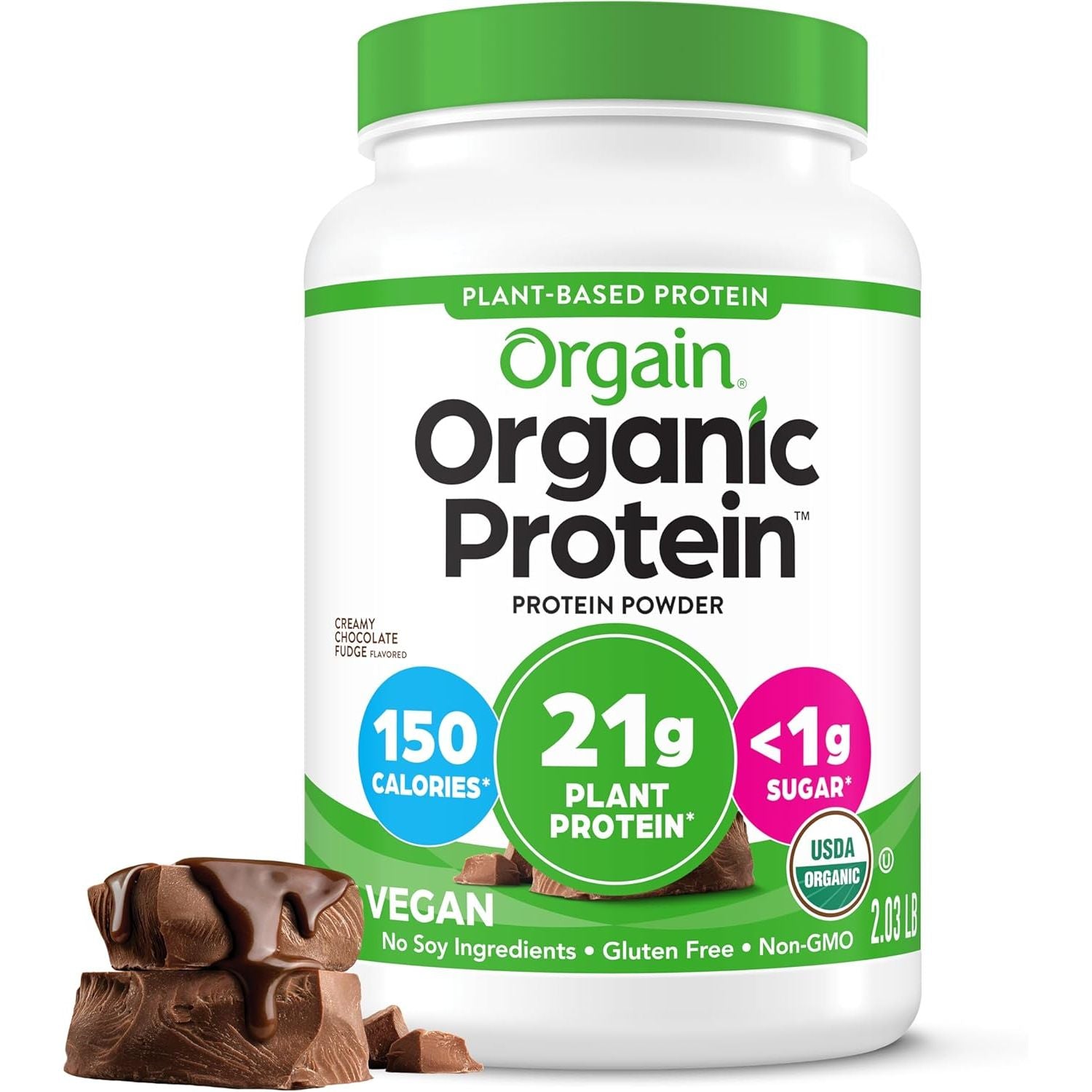 Orgain Organic Vegan Protein Powder, Creamy Chocolate Fudge - 21g Plant Protein, 6g Prebiotic Fiber, Low Net Carb, No Lactose Ingredients, No Added Sugar, Non-GMO, For Shakes & Smoothies, 2.03 lb