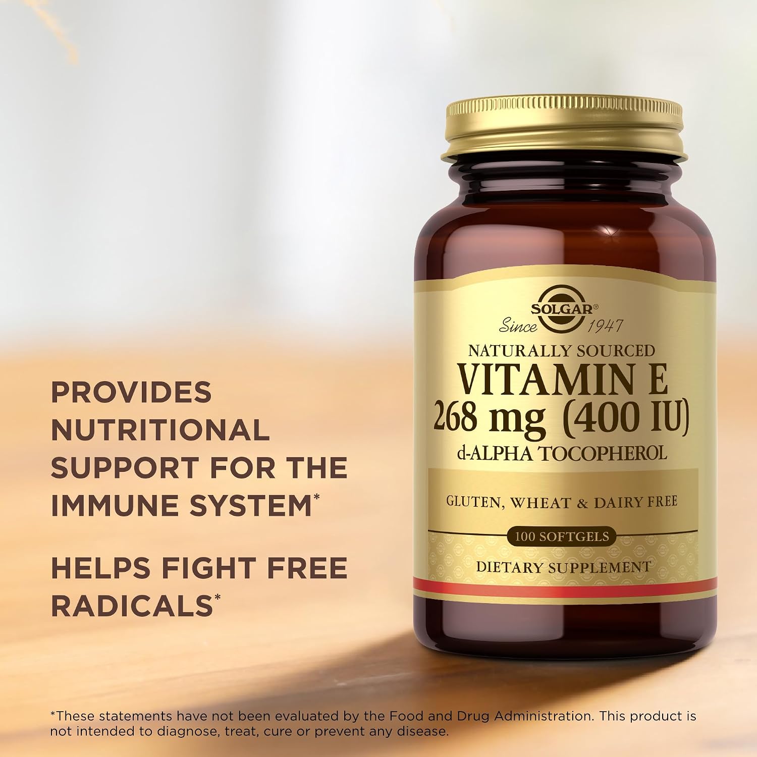 Solgar Vitamin E 268 mg (400 IU) - 100 Softgels - Naturally-Sourced Vitamin E as d-Alpha Tocopherol - Gluten Free, Dairy Free - 100 Servings