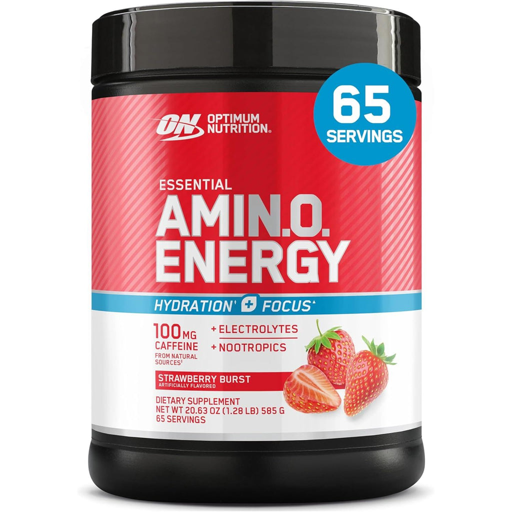 Optimum Nutrition Amino Energy Powder Plus Focus, with BCAA, Electrolytes, and Caffeine, Juicy Strawberry, 30 Servings (Packaging May Vary)