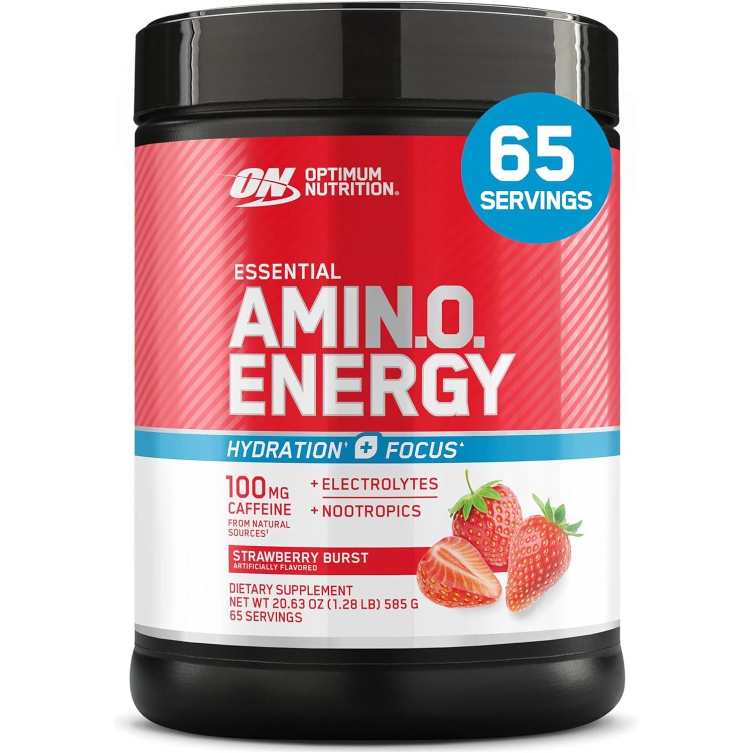 Optimum Nutrition Amino Energy Powder Plus Focus, with BCAA, Electrolytes, and Caffeine, Juicy Strawberry, 30 Servings (Packaging May Vary)
