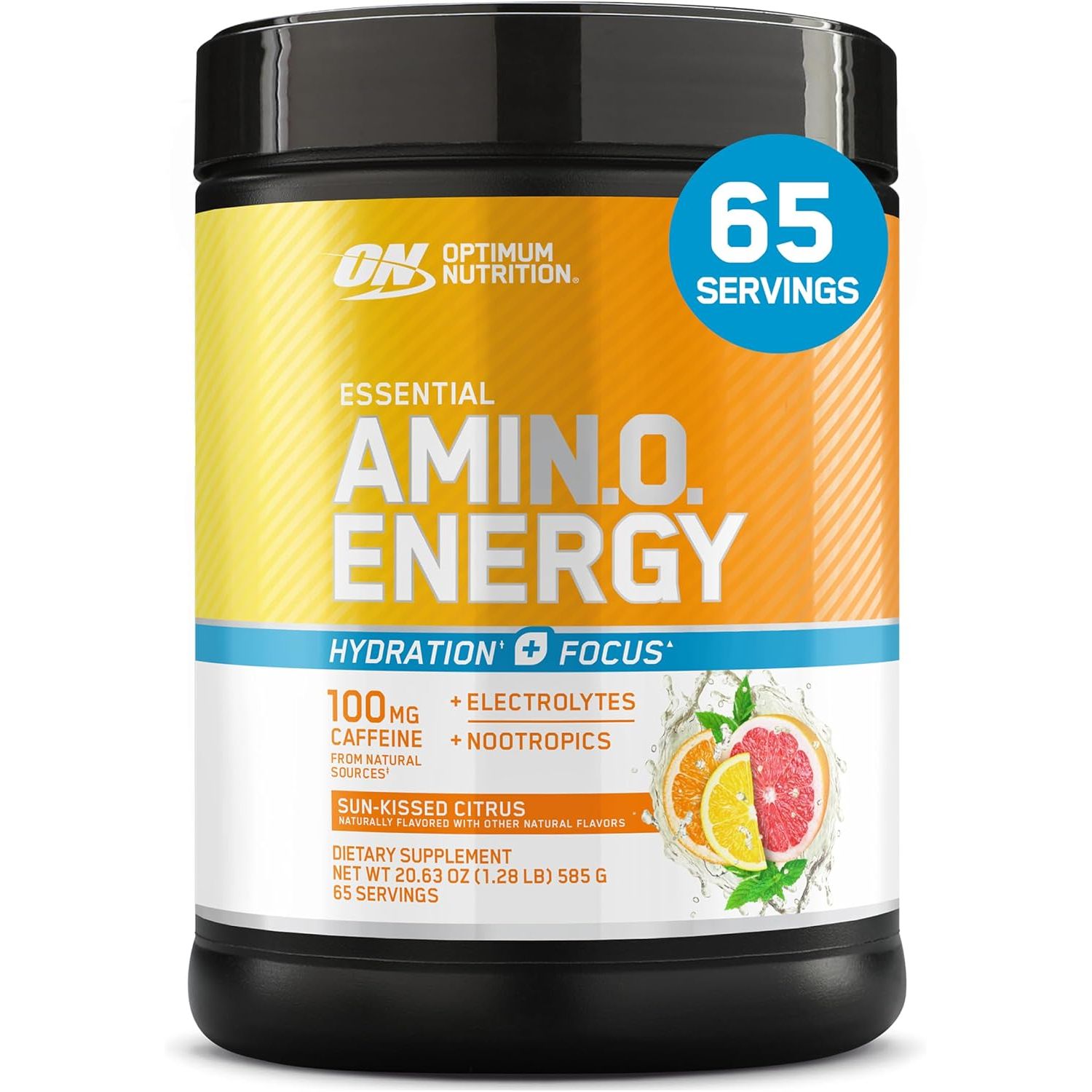 Optimum Nutrition Amino Energy Powder Plus Focus, with BCAA, Electrolytes, and Caffeine, Juicy Strawberry, 30 Servings (Packaging May Vary)