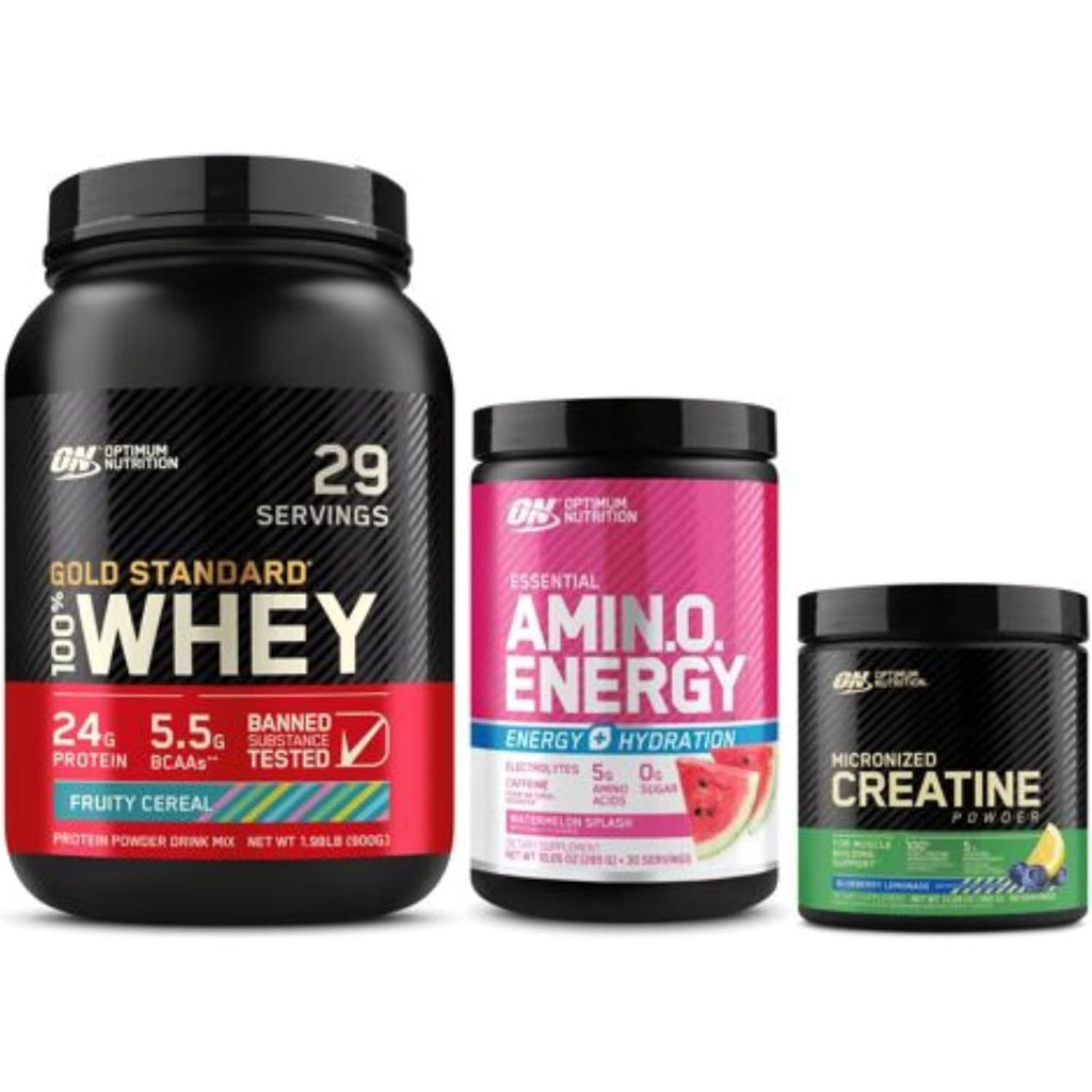Optimum Nutrition Performance Nutrition Bundle: Amino Energy Plus Hydration Watermelon Smash (30 Serv), Creatine Monohydrate Blueberry Lemonade (60 Serv), & Gold Standard Whey Fruity Cereal (29 Serv)