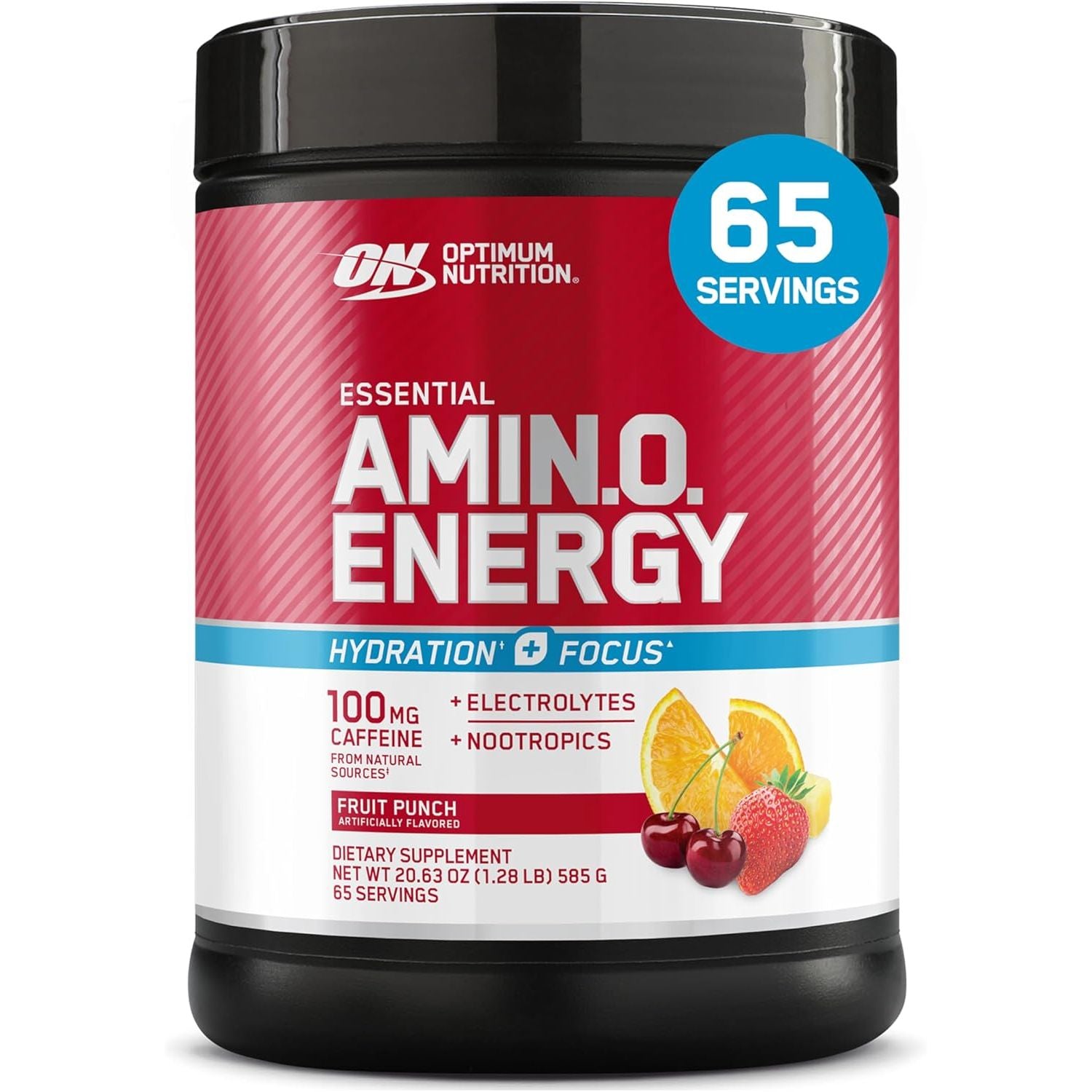 Optimum Nutrition Amino Energy Powder Plus Focus, with BCAA, Electrolytes, and Caffeine, Juicy Strawberry, 30 Servings (Packaging May Vary)