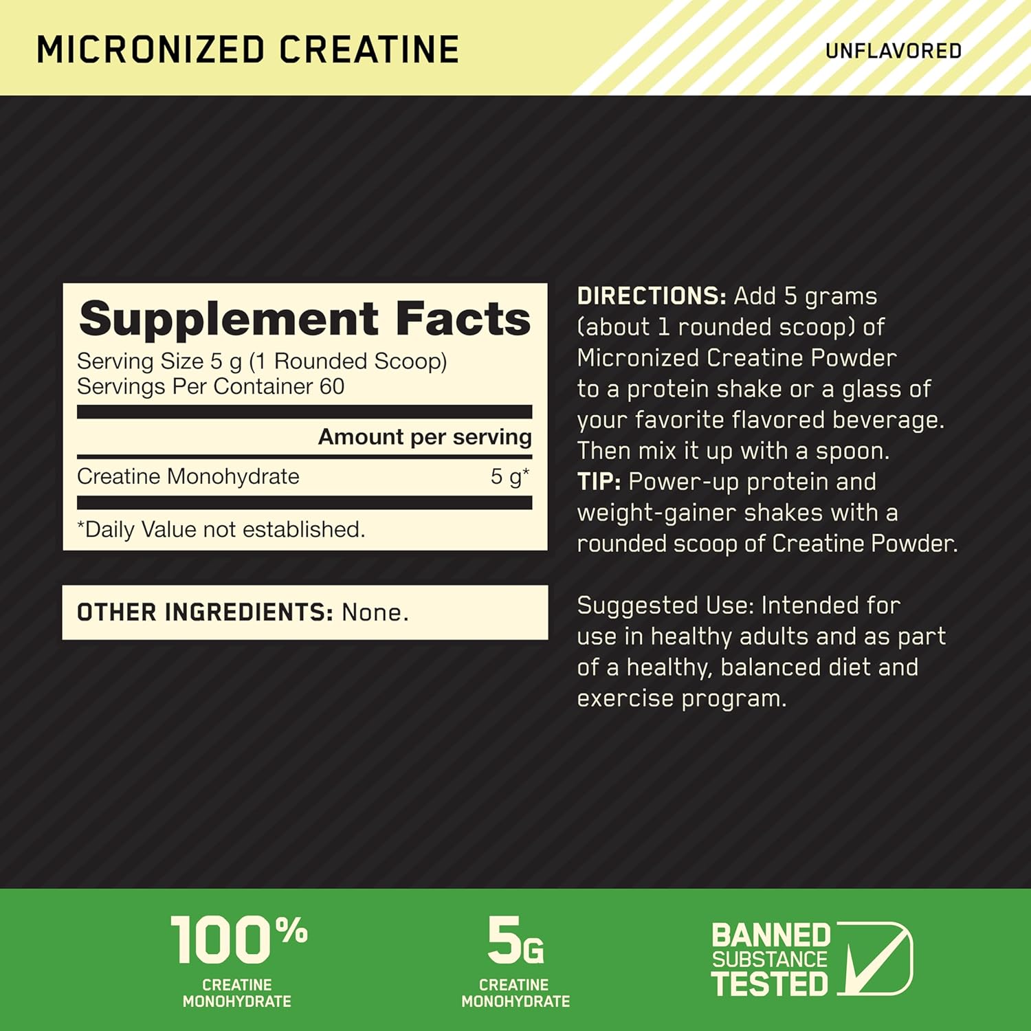 Optimum Nutrition Creatine, Micronized Creatine Monohydrate Powder, Supports Strength & Recovery, Banned Substance Tested, Unflavored, 5g per Serving, 60 Servings