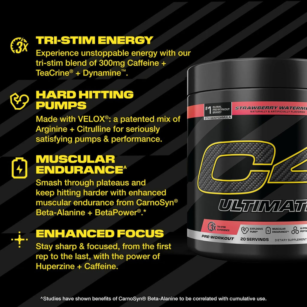 C4 Ultimate Pre Workout Powder Watermelon - Sugar Free Preworkout Energy Supplement for Men & Women - 300mg Caffeine + 3.2g Beta Alanine + 2 Patented Creatines - 20 Servings