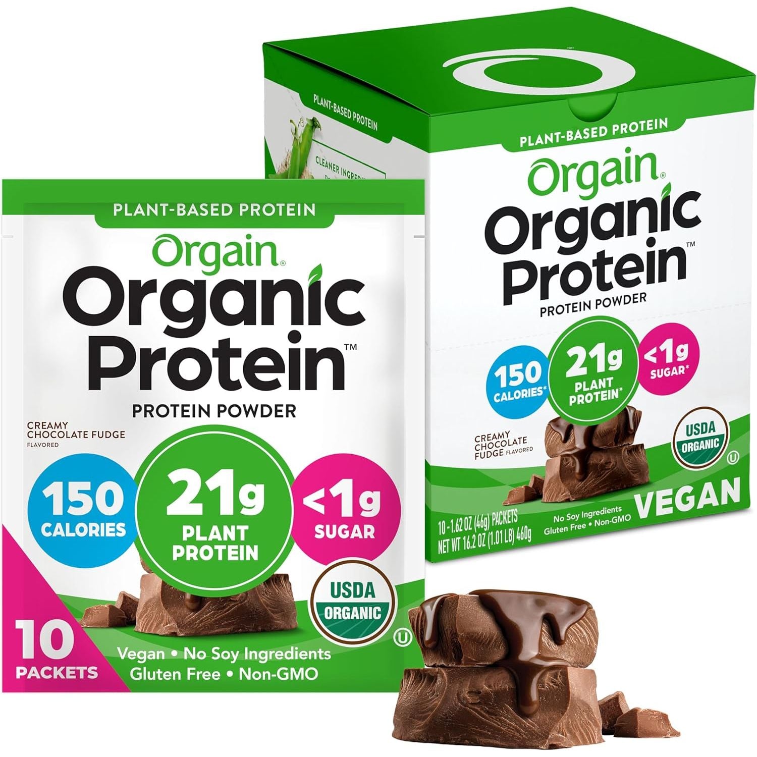 Orgain Organic Vegan Protein Powder, Creamy Chocolate Fudge - 21g Plant Protein, 6g Prebiotic Fiber, Low Net Carb, No Lactose Ingredients, No Added Sugar, Non-GMO, For Shakes & Smoothies, 2.03 lb