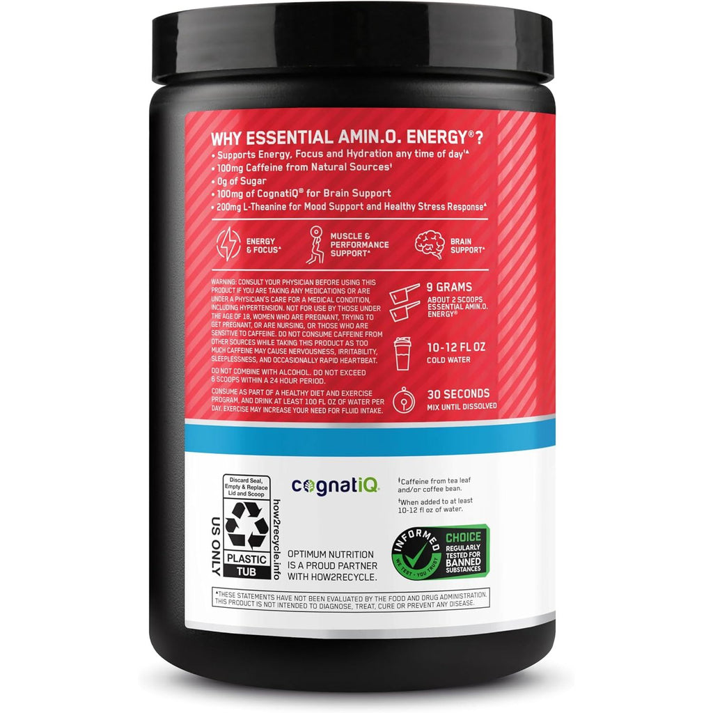 Optimum Nutrition Amino Energy Powder Plus Focus, with BCAA, Electrolytes, and Caffeine, Juicy Strawberry, 30 Servings (Packaging May Vary)