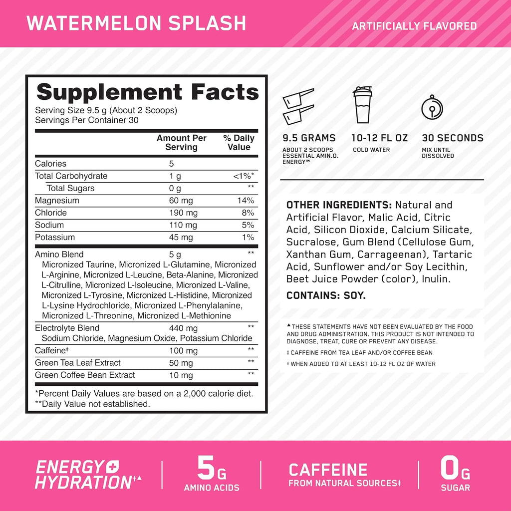 Optimum Nutrition Performance Nutrition Bundle: Amino Energy Plus Hydration Watermelon Smash (30 Serv), Creatine Monohydrate Blueberry Lemonade (60 Serv), & Gold Standard Whey Fruity Cereal (29 Serv)