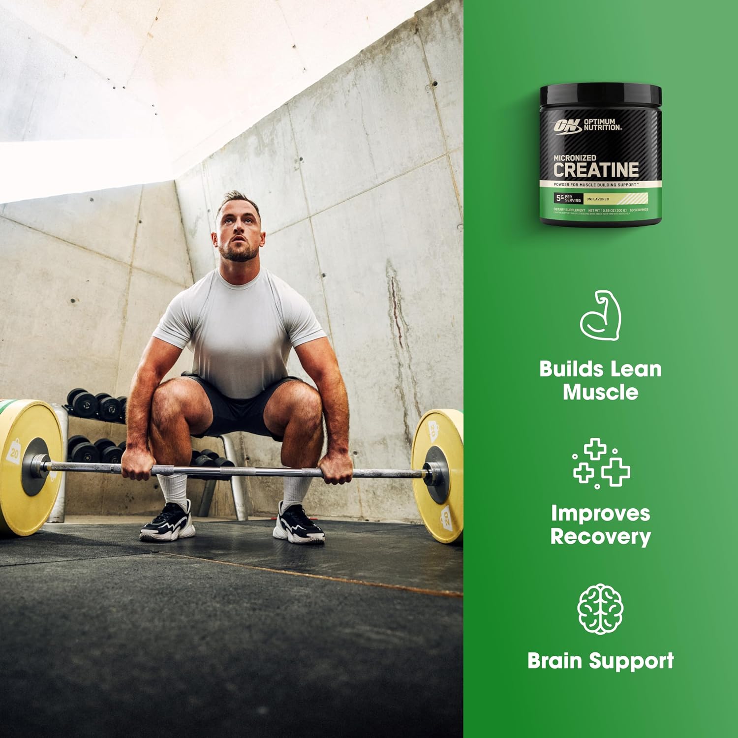 Optimum Nutrition Creatine, Micronized Creatine Monohydrate Powder, Supports Strength & Recovery, Banned Substance Tested, Unflavored, 5g per Serving, 60 Servings