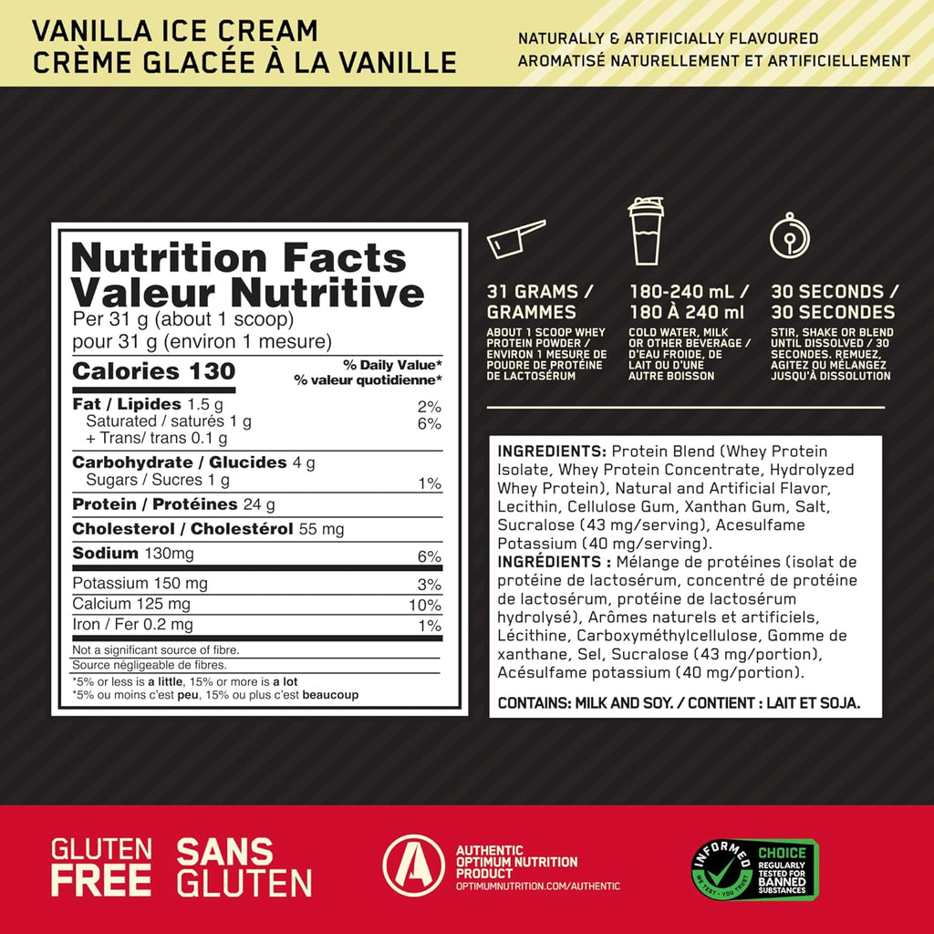 Optimum Nutrition Gold Standard 100% Whey Protein Powder, Vanilla Ice Cream, 2 Pound (Packaging May Vary) (Pack of 6)