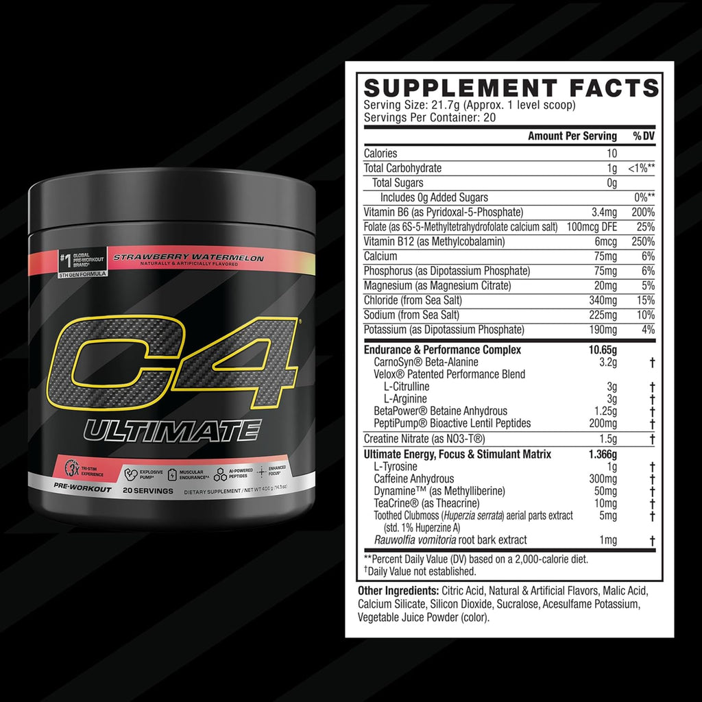 C4 Ultimate Pre Workout Powder Watermelon - Sugar Free Preworkout Energy Supplement for Men & Women - 300mg Caffeine + 3.2g Beta Alanine + 2 Patented Creatines - 20 Servings
