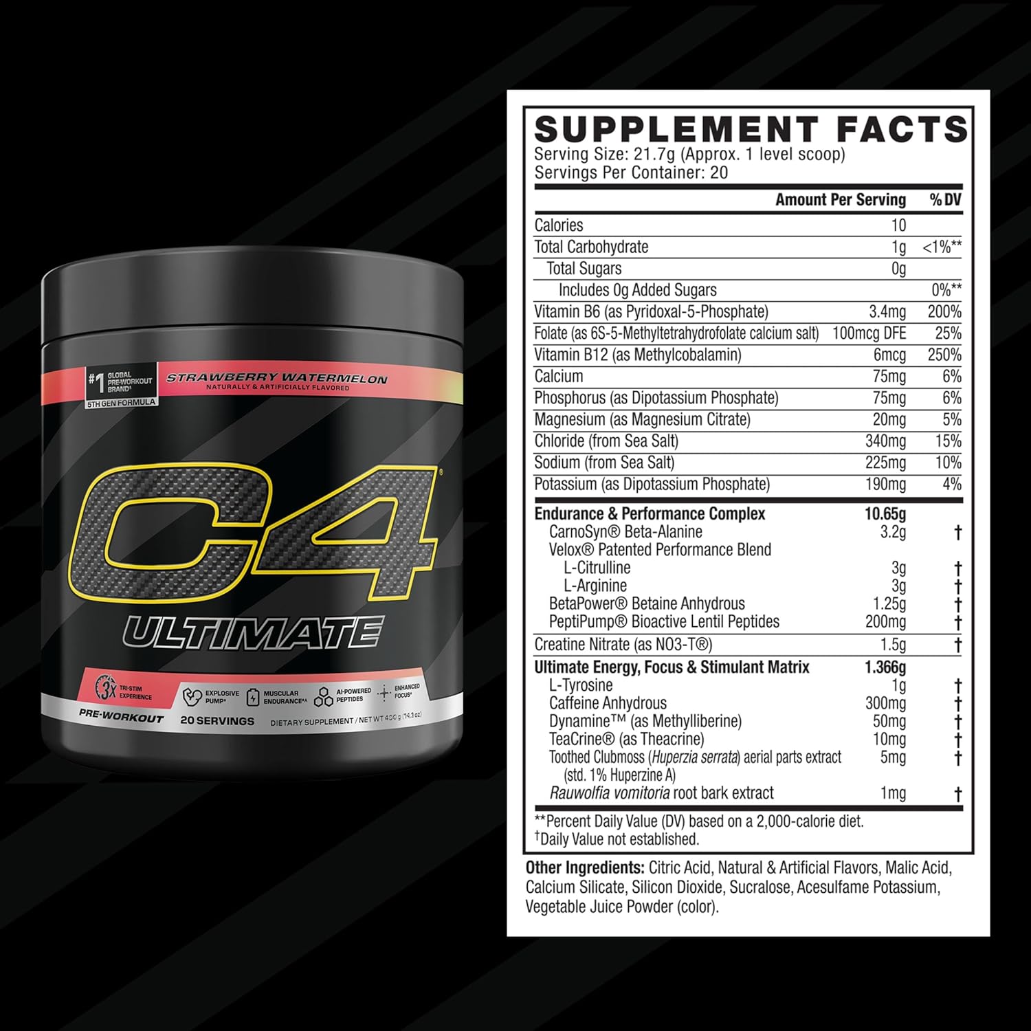 C4 Ultimate Pre Workout Powder Watermelon - Sugar Free Preworkout Energy Supplement for Men & Women - 300mg Caffeine + 3.2g Beta Alanine + 2 Patented Creatines - 20 Servings