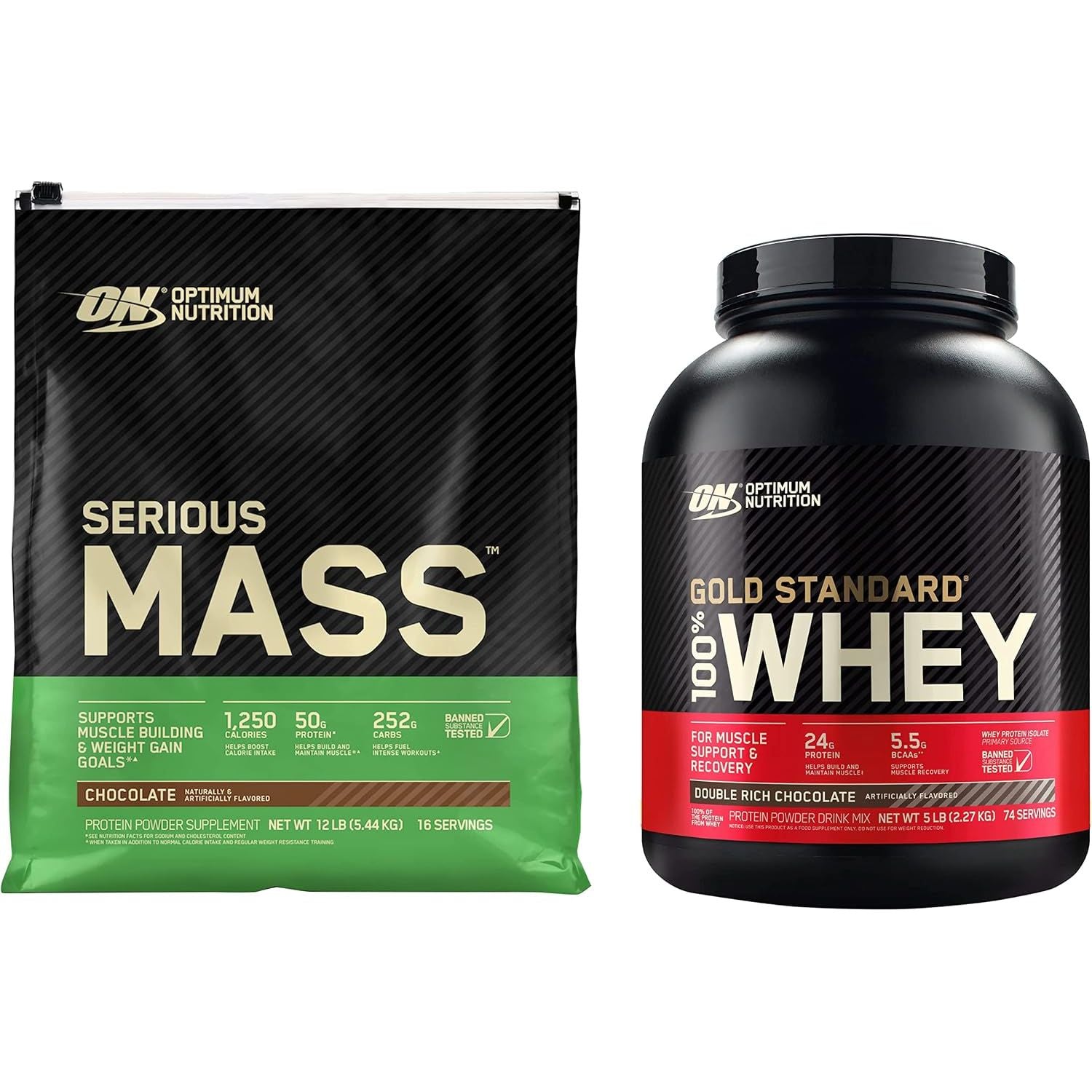 Optimum Nutrition Serious Mass Weight Gainer Protein Powder & Gold Standard 100% Whey Protein Powder, Double Rich Chocolate, 5 Pound (Packaging May Vary)