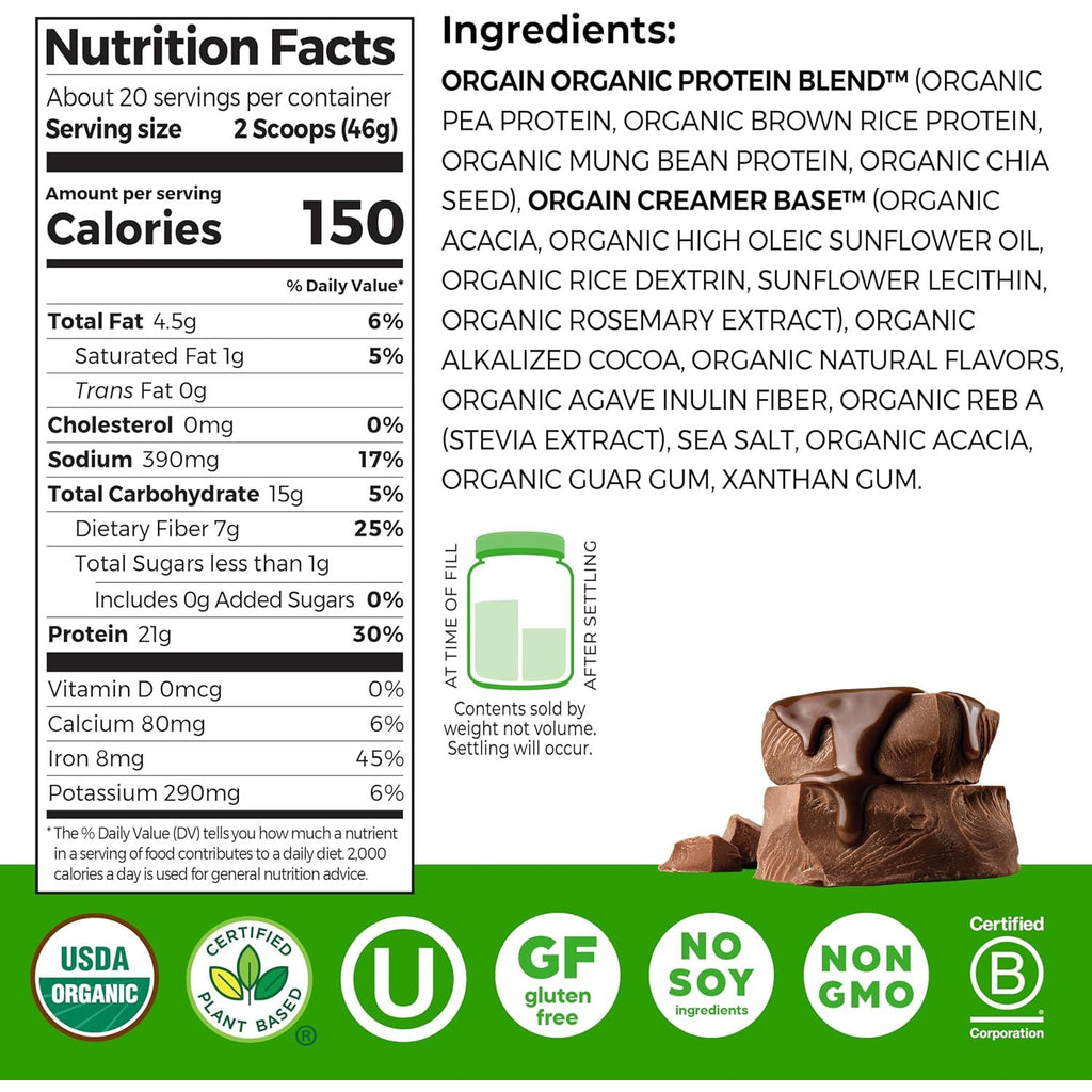 Orgain Organic Vegan Protein Powder, Creamy Chocolate Fudge - 21g Plant Protein, 6g Prebiotic Fiber, Low Net Carb, No Lactose Ingredients, No Added Sugar, Non-GMO, For Shakes & Smoothies, 2.03 lb