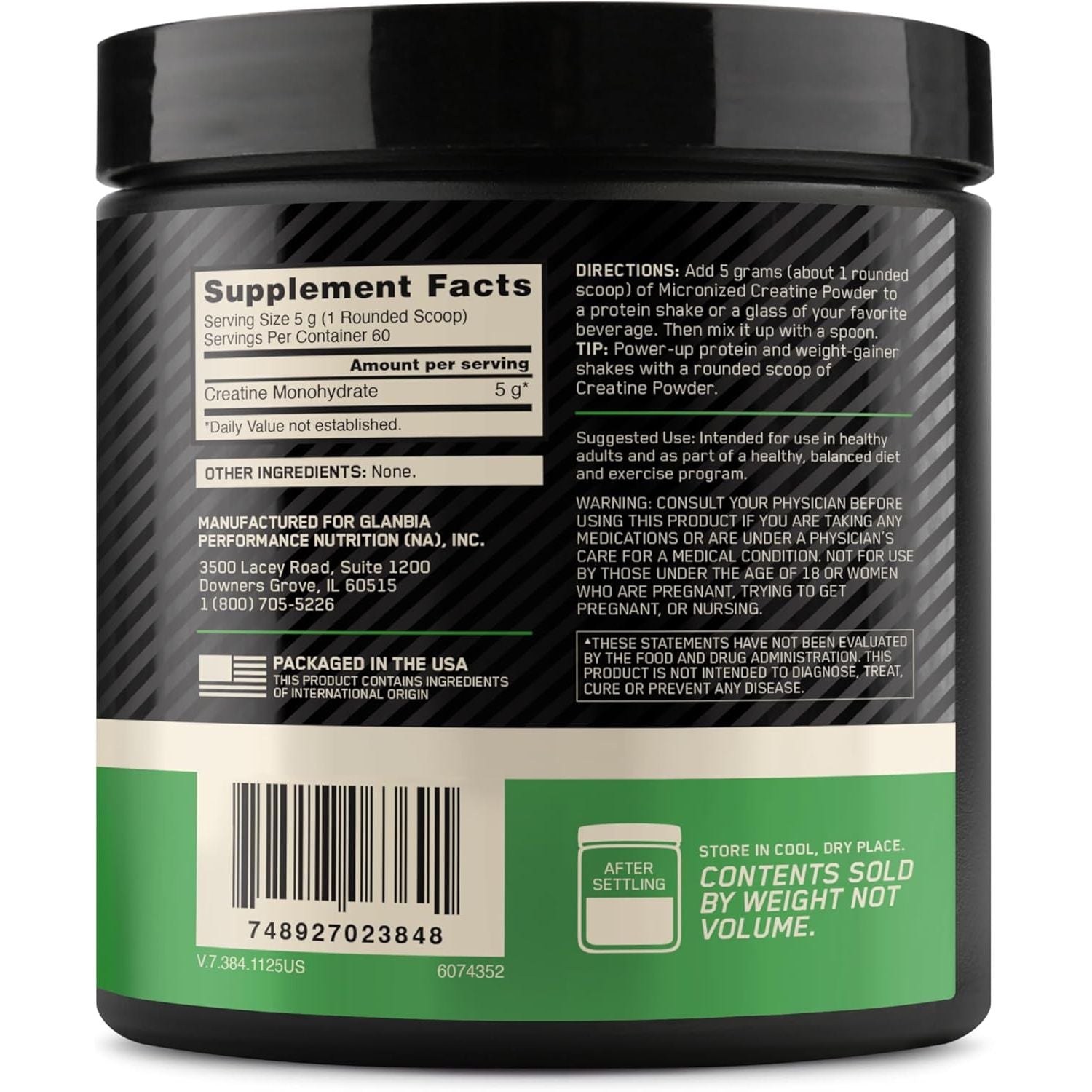 Optimum Nutrition Creatine, Micronized Creatine Monohydrate Powder, Supports Strength & Recovery, Banned Substance Tested, Unflavored, 5g per Serving, 60 Servings
