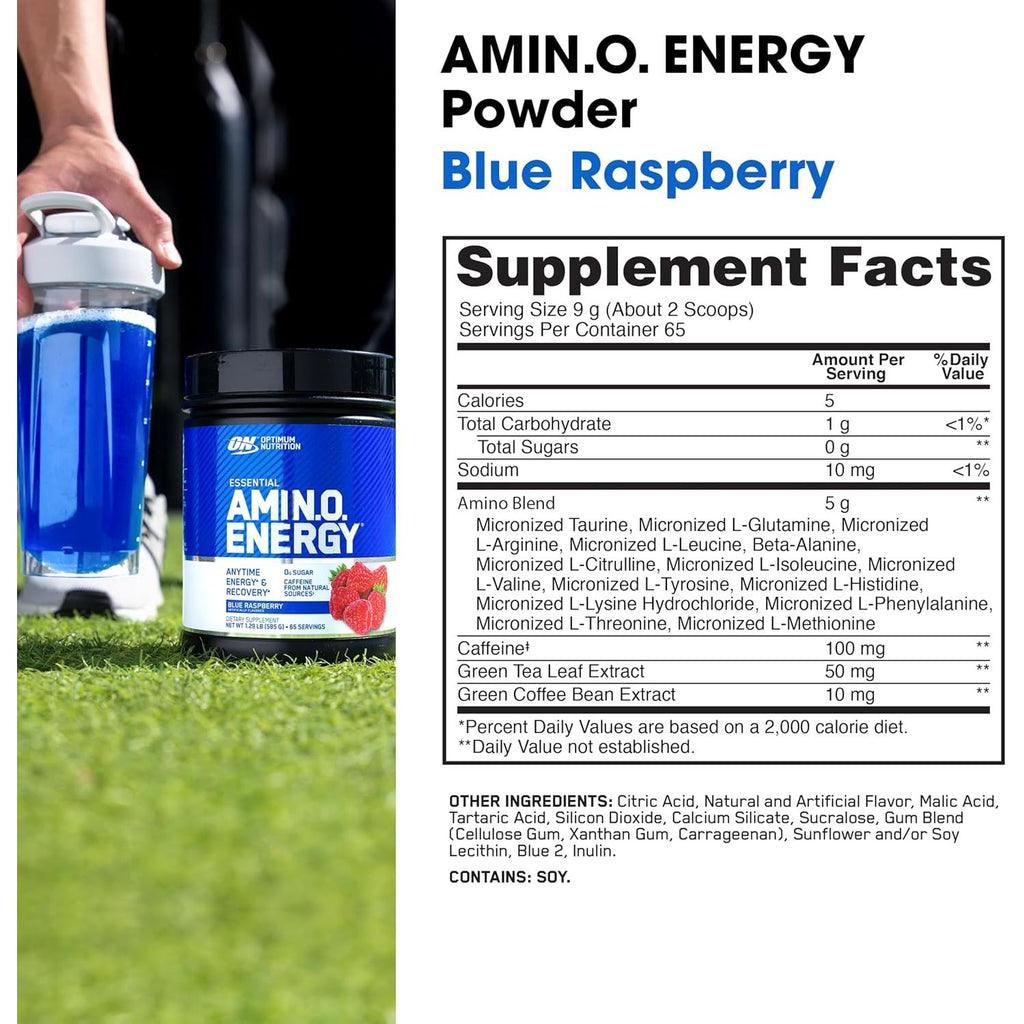 Optimum Nutrition Amino Energy - Pre Workout with Green Tea, BCAA, Amino Acids, Keto Friendly, Green Coffee Extract, Energy Powder - Blue Raspberry, 65 Servings (Packaging May Vary)